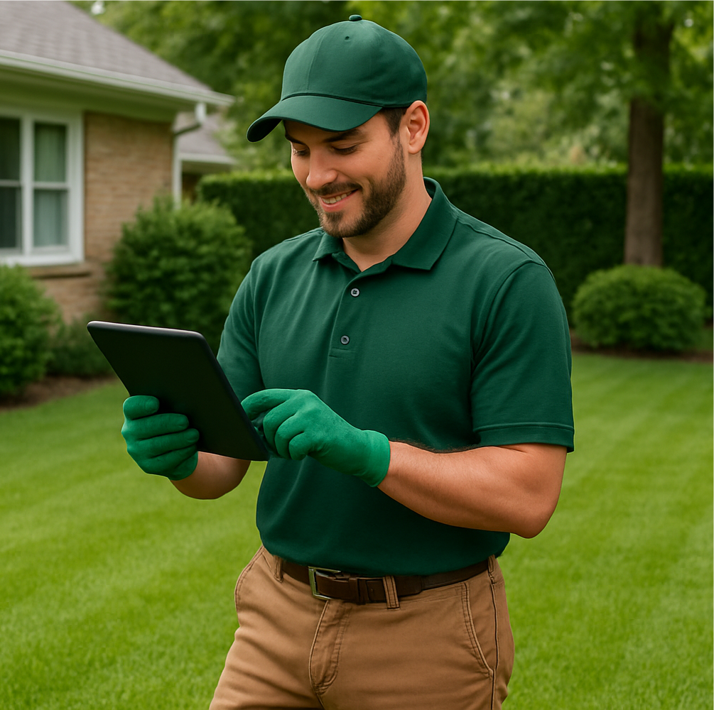 Lawn Care Technician Using SPRAYE Software